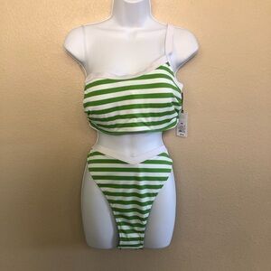 Shade & Shore Underwire Ribbed One Shoulder Striped Bikini Set Size 36D/XL
